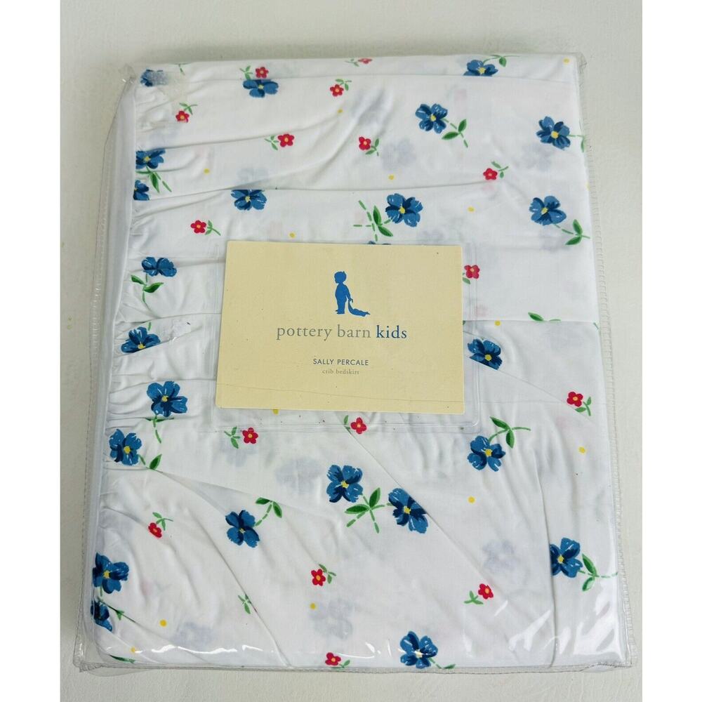 Pottery Barn Kids Sally Percale Crib Bed Skirt Floral Blue Baby Nursery New